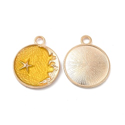 Alloy Enamel Pendants, Flat Round with Star & Moon Charm, Golden, Yellow, 25x21x2.3mm, Hole: 3mm(ENAM-N054-008E-G)