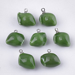 Handmade Porcelain Charms, Bright Glazed Porcelain, with Brass Findings, Platinum, Green, 13~14x11~12x9.5~11mm, Hole: 1.5mm(PORC-T002-99)