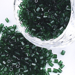 Grade A Glass Seed Beads, Hexagon(Two Cut), Transparent Colours, Dark Green, 1.5~2.5x1.5~2mm, Hole: 0.8mm, about 2100pcs/bag, 450g/bag(SEED-S022-02P)