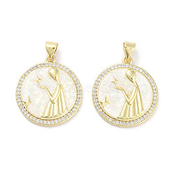 Brass Micro Pave Clear Cubic Zirconia Pendants, with Synthetic Opal and ABS Plastic Pearl, Real 18K Gold Plated, Flat Round with Twelve Constellations Charms, Virgo, 23x20x2.5mm, Hole: 4.5x3mm(KK-L213-010G-06)