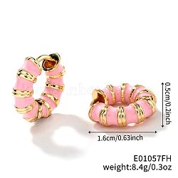 Brass Striped Enamel Bamboo Hoop Earrings, Vintage Fashion Accessory, Golden, Pink, 16x5mm(YF1194-3)