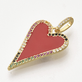 Golden Plated Brass Micro Pave Cubic Zirconia Pendants, with Enamel, Heart, Red, 27.5x18x1.5mm, Hole: 3.5x6mm