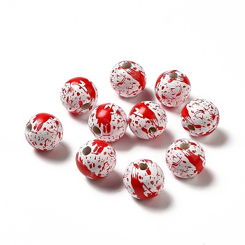 Halloween Theme Printed Natural Wooden Beads, Round with Blood Pattern, Red, 16x14.5mm, Hole: 3.5mm