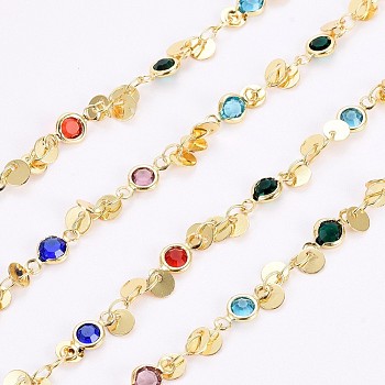 3.28 Feet Eco-Friendly Handmade Brass Beaded Chains, with Brass Charms, Glass, Soldered, Long-Lasting Plated, Flat Round, Colorful, Golden, 10x4.8x2mm, 3.5x2.5x0.3mm