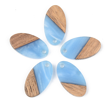 Opaque Resin & Walnut Wood Pendants, Oval, Cornflower Blue, 20x11x3mm, Hole: 2mm