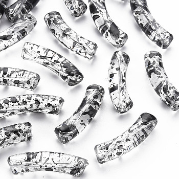 Transparent Spray Painted Acrylic Beads, Curved Tube with Black Spots, Clear, 32x10x8mm, Hole: 1.8mm, about 330pcs/500g