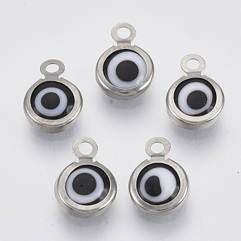 Handmade Lampwork Charms, with 304 Stainless Steel Findings, Flat Round with Evil Eye, Black, 9.5x6.5x2.5mm, Hole: 1.5mm