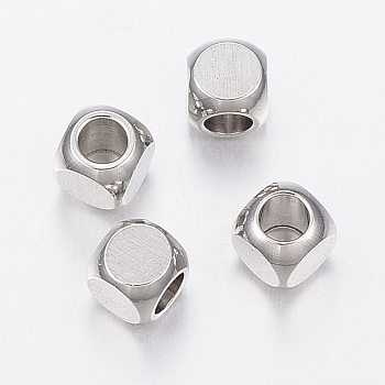 304 Stainless Steel Beads, Cube, Stainless Steel Color, 4x4x4mm, Hole: 2.5mm