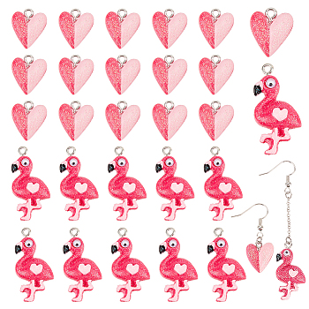 40Pcs 2 Styles Opaque Resin Pendants, with Platinum Tone Iron Loops, Flamingo & Heart Charm, Deep Pink, 16~30.5x13.5~15.5x4.8~5.5mm, Hole: 2mm, 20pcs/style