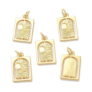 Brass Pendants, with Jump Rings, Long-Lasting Plated, Rectangle with Sun & Moon, Real 18K Gold Plated, 18x11x2mm, Jump Ring: 5x1mm, 3mm Inner Diameter