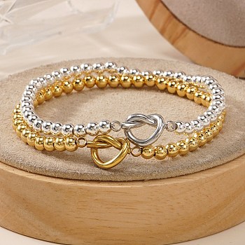 2Pcs Heart 304 Stainless Steel Link Bracelets, Brass Round Beads Stretch Bracelets for Women, Platinum & Golden, 6.89 inch(17.5cm)