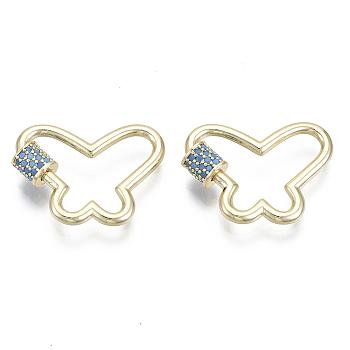 Brass Micro Pave Cubic Zirconia Screw Carabiner Lock Charms, for Necklaces Making, Butterfly, Nickel Free, Real 18K Gold Plated, Light Sky Blue, 17.5x23x2mm, Screw: 5x5.5mm