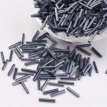 Glass Bugle Beads, Metallic Colours,Gray, 12x2mm, Hole: 0.5mm, about 5000pcs/bag