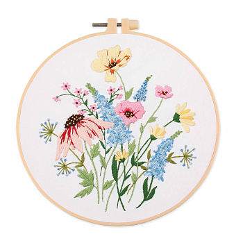 DIY Flower & Leaf Pattern Embroidery Kits, Including Printed Cotton Fabric, Embroidery Thread & Needles, Imitation Bamboo Embroidery Hoop, White, 20x20cm