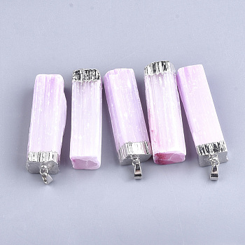 Electroplate Natural Selenite Big Pendants, with Iron Findings, Dyed, Rectangle, Platinum, Pearl Pink, 53~55x14~19x9~16mm, Hole: 7x4mm
