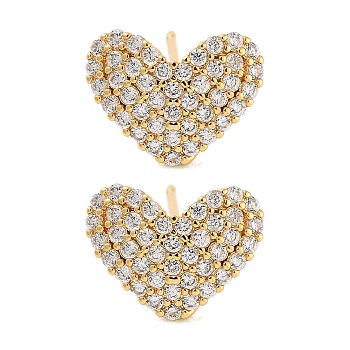 Rack Plating Heart Brass Stud Earrings, with Clear Cubic Zirconia, Cadmium Free & Lead Free, Long-Lasting Plated, Real 18K Gold Plated, 9.5x12.5mm