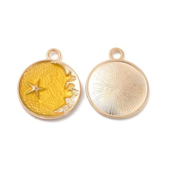 Alloy Enamel Pendants, Flat Round with Star & Moon Charm, Golden, Yellow, 25x21x2.3mm, Hole: 3mm