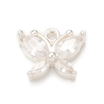Clear Glass Pendnants, with Brass Findings, Butterfly Charms, Silver, 9.5x11x3mm, Hole: 1.2mm