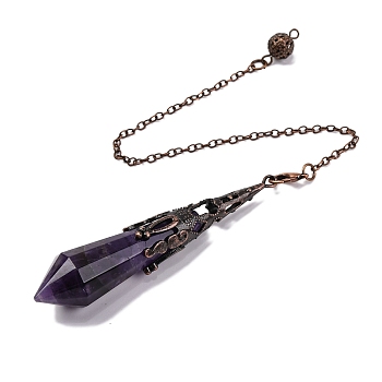 Natural Amethyst Pointed Dowsing Pendulum Big Pendants, Lead Free & Cadmium Free, with Red Copper Tone Brass Findings, Hexagonal Cone, 265mm, Hole: 2mm