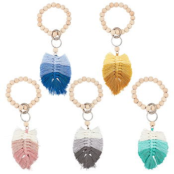 5Pcs Natural Wood Beads Stretch Bracelets Keychains, with Zinc Alloy & 304 Stainless Steel Key Rings, Nylon Thread and Polyester Tassel Big Pendants, Leaf, Mixed Color, 245mm, 5pcs/set