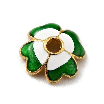 4-Petal Alloy Enamel Bead Caps, Cadmium Free & Lead Free, Golden, Flower, Green, 7.5x7.5x2mm, Hole: 1.4mm