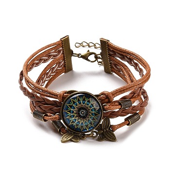 PU Leather Multi-strand Bracelet, Glass Mandala & Alloy Butterfly Links Bracelet for Women, Coconut Brown, 6-3/4 inch(17cm)