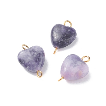 Natural Lepidolite/Purple Mica Stone Connector Charms, with Golden Tone Brass Loops, Heart, 18.5x12x5~6mm, Hole: 1.5~2mm