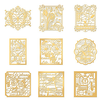 Stamp Theme Nickel Decoration Stickers, Metal Resin Filler, Epoxy Resin & UV Resin Craft Filling Material, Golden, 40x40mm, 9 styles, 1pc/style, 9pcs/set