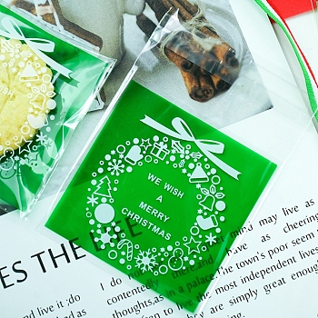 Christmas Theme Square Self-Adhesive Plastic Cookie Bags, for Baking Packing Bags, Christmas Wreath Pattern, Green, 70x70mm(below the zipper), Unilateral Thickness: 4 Mil
