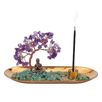 Natural Amethyst with Green Aventurine Chips with Brass Incense Burner Holder, with Rose Gold Plated Brass Wires and Buddha, Lucky Tree, 83.5x180x85~100mm