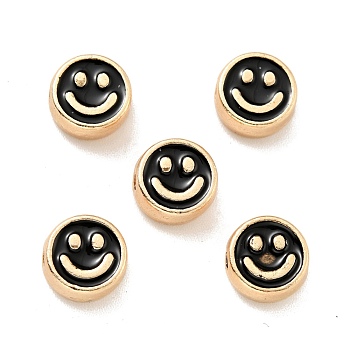 Alloy Enamel Beads, Golden, Flat Round with Smiling Face, Black, 8x4mm, Hole: 1.6mm