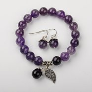Natural Amethyst Jewelry Sets, Bracelets & Earrings, with Brass Spacer Beads and Brass Hooks, 2 inch(5.2cm),  27mm(SJEW-JS00696-05)