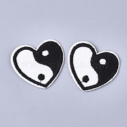 Feng Shui Computerized Embroidery Cloth Iron On Patches, Costume Accessories, Appliques, Heart with Yin Yang, Black & White, 30x34x1mm(X-FIND-T030-098)