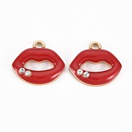 Golden Plated Alloy Enamel Pendants, with Crystal Rhinestones, Lip, Cadmium Free & Lead Free, Red, 15x17x4mm, Hole: 2mm(ENAM-T009-91A-RS)