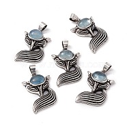 Natural Aquamarine Pendants, Fox Charms, with Antique Silver Color Brass Findings, 29x19x8mm, Hole: 4~5x3.5mm(KK-A173-02AS-03)