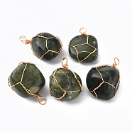 Natural Olive Quartz Pendants, with Golden Plated Brass Wire Wrapped, Nuggets, 14~25x15~32x13~21mm, Hole: 4mm(G-N332-50-09)