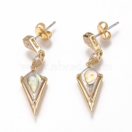 Brass Micro Pave Clear Cubic Zirconia Dangle Stud Earrings, with Natural Abalone Shell/Paua Shell and Ear Nuts, Rhombus, Golden, 34mm, Pin: 0.6mm(EJEW-F259-01A-G)