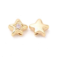 Brass Cubic Zirconia Beads, Star, Real 18K Gold Plated, Pink, 7x8x4mm, Hole: 1mm(KK-Q773-01G-01)