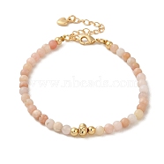 4mm Round Natural Pink Opal Beaded Bracelets, Flower Brass Bracelets for Women, Real 14K Gold Plated, 7-3/8 inch(18.7cm)(BJEW-P318-03G-03)