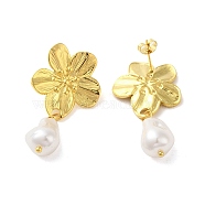 304 Stainlee Steel with Plastic Pearl Studs Earring, Flower, Real 18K Gold Plated, 45x22mm(EJEW-Z045-10G)