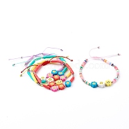 Adjustable Nylon Thread Braided Bead Bracelets, with Polymer Clay Heishi Beads, Flower with Smile Face, Mixed Color, 2~2-7/8 inch(5~7.2cm)(BJEW-JB06198)