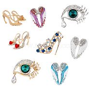 7Pcs 7 Style High Heels & Eye & Heart Wing Rhinestone Brooches, Zinc Alloy Fashion Lapel Pin for Backpack Clothes, Mixed Color, 28~41x36~47x8~13.5mm, 1Pc/style(JEWB-DC0001-04)