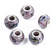 Handmade Gold Sand Lampwork European Beads, Large Hole Beads, with Platinum Color Brass Double Cores, Rondelle, Plum, 14x11mm, Hole: 5mm(LAMP-S193-012D)