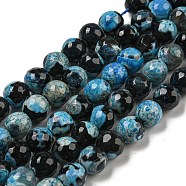 Faceted Round Dyed Natural Fire Crackle Agate Beads Strands, Deep Sky Blue, 8mm, Hole: 1mm, about 47~49pcs/strand, 14 inch~15 inch(G-D769-8mm-04)