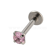 304 Stainless Steel Stud Earrings, Flat Round Cubic Zirconia Cartilage Earrings, Pink, 11x4mm, Flat Round: 3.5x3.5mm(EJEW-NH0001-01B-01)