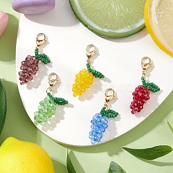 Glass Seed Beaded Grape Pendant Decoration, 304 Stainless Steel Lobster Claw Clasps Charms for Bag Ornaments, Mixed Color, 47mm(HJEW-MZ00158)