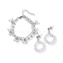 Glass Brided Beaded Dangle Stud Earrings & Multi-strand Bracelet, Brass Jewelry Set for Women, Clear AB, 170mm, 40mm, Pin: 0.6mm(SJEW-JS01257)