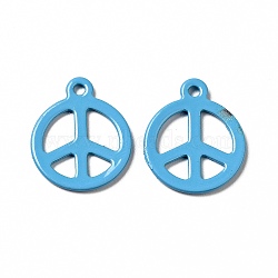 Spray Painted 201 Stainless Steel Pendants, Flat Round with Peace Sign Charm, Deep Sky Blue, 15x12.5x1mm, Hole: 1.4mm(STAS-G304-04D)