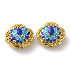 Rack Plating Brass Beads, with Enamel, Cadmium Free & Lead Free, Cloud with Lotus, Real 18K Gold Plated, Long-Lasting Plated, Dark Blue, 16x13.5x9mm, Hole: 1.6mm(KK-P276-28G-02)