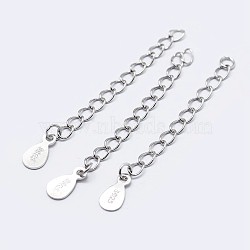 925 Sterling Silver End with Extender Chains and Teardrop Charms, Carved with S925, Silver, 35~40mm, Hole: 1.5mm(STER-F036-26S-40mm)